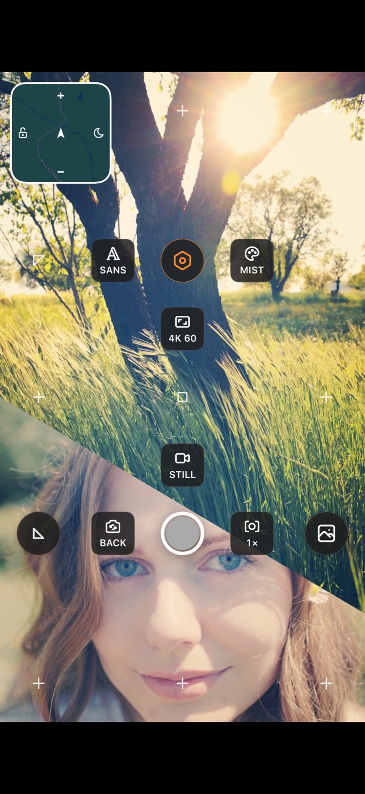 Diagonal split view with mini-map, MIST filter, 4K 60 mode, and front camera selfie