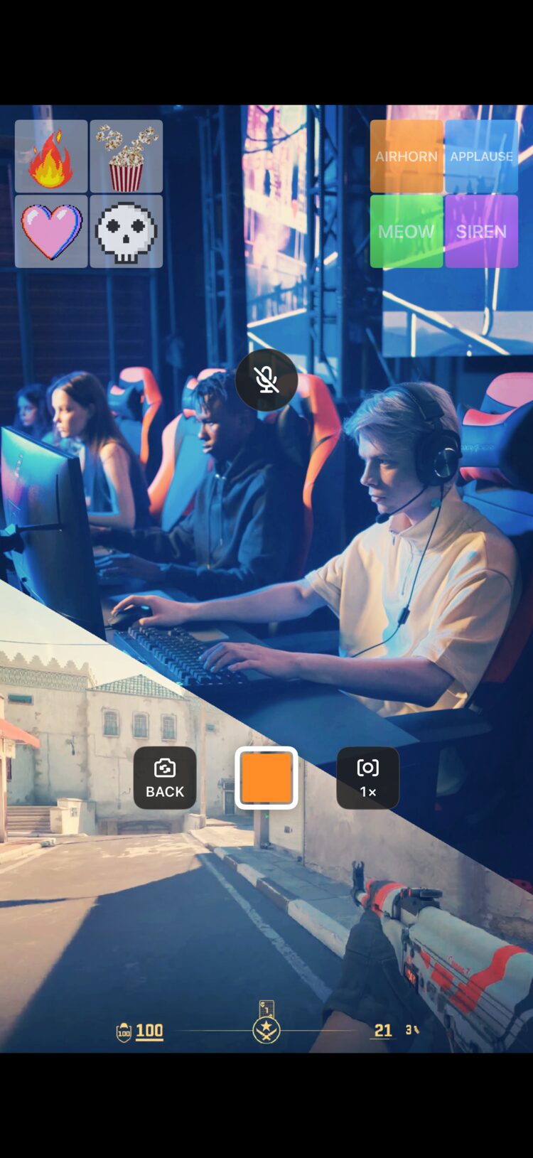 Gaming and streaming setup with animated reactions, soundboard and diagonal split backgrounds