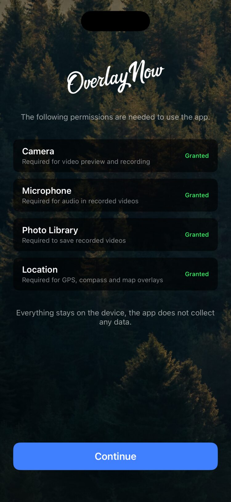 Onboarding screen with camera, microphone, photo library, and location permissions